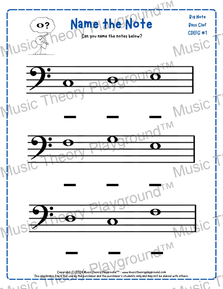 Bass clef note naming music theory worksheet for beginners -  printable PDF