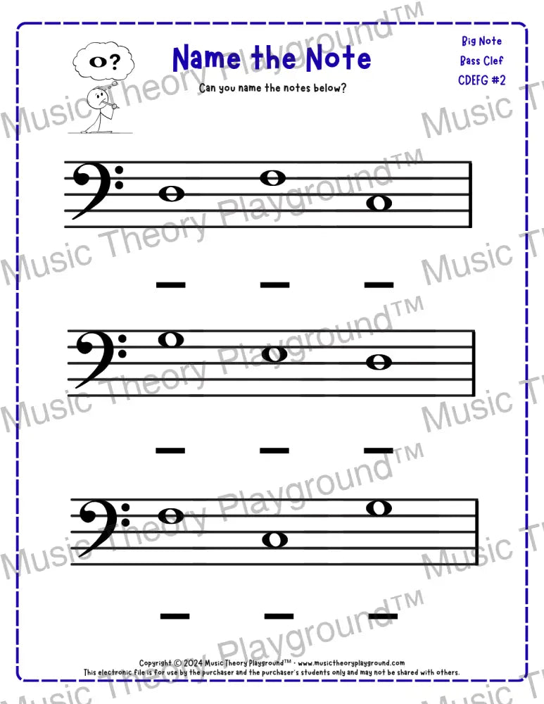 Bass clef note naming music theory worksheet for beginners -  printable PDF