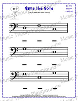 Bass clef note naming music theory worksheet for beginners -  printable PDF