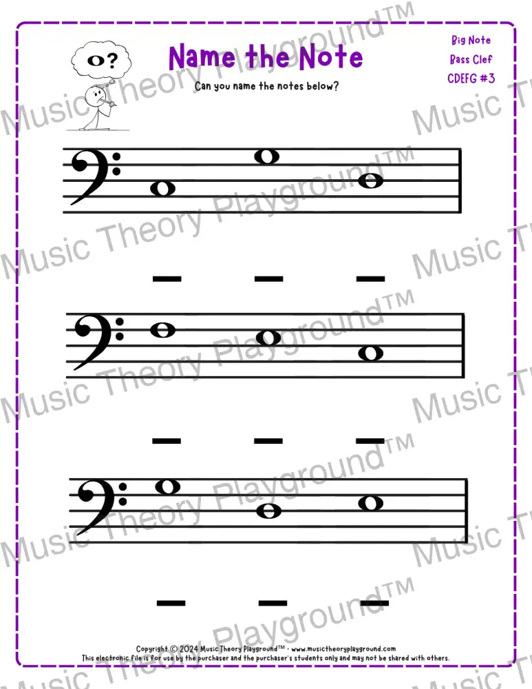 Bass clef note naming music theory worksheet for beginners -  printable PDF