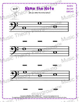Bass clef note naming music theory worksheet for beginners -  printable PDF