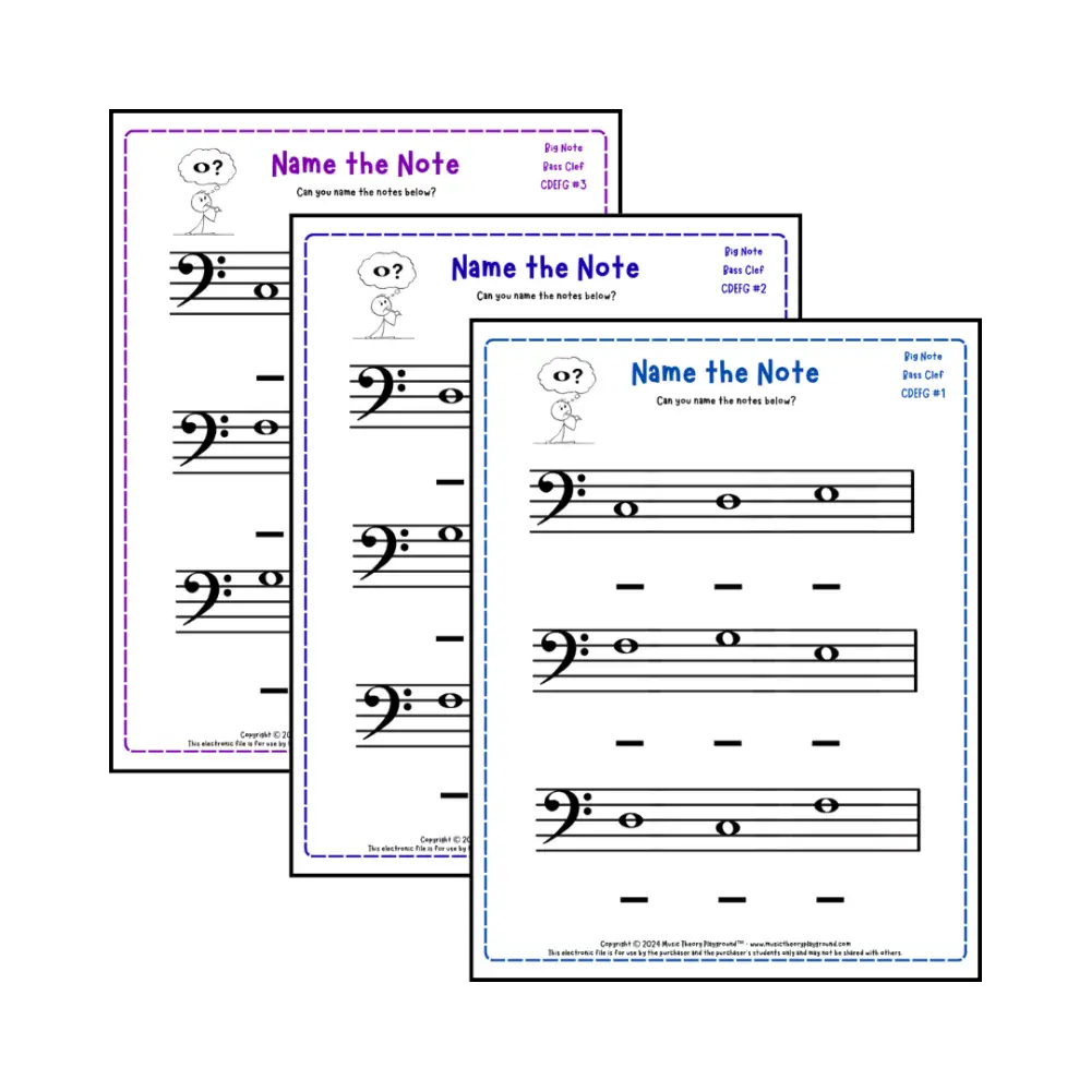 Bass clef note naming music theory worksheets for beginners -  printable PDFs