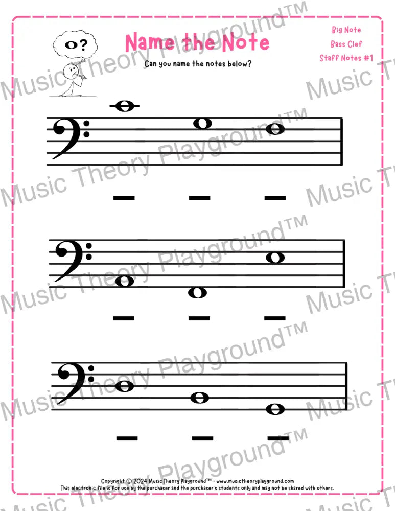 Bass clef note naming music theory worksheet for beginners -  printable PDF