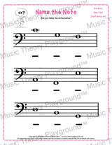 Bass clef note naming music theory worksheet for beginners -  printable PDF