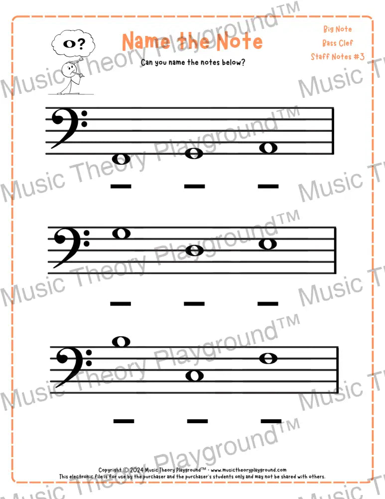 Bass clef note naming music theory worksheet for beginners -  printable PDF