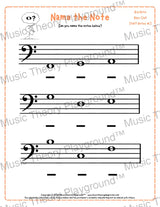 Bass clef note naming music theory worksheet for beginners -  printable PDF