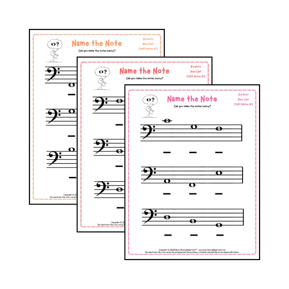 Bass clef note naming music theory worksheets for beginners -  printable PDFs