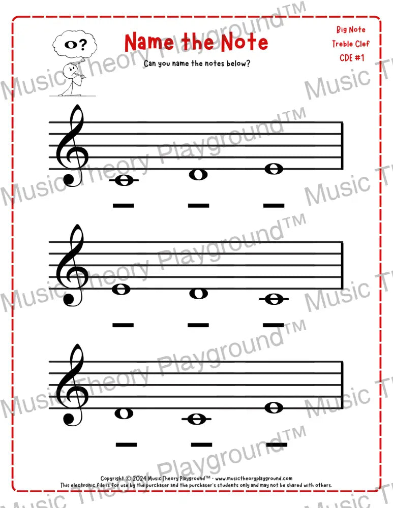 Treble clef note naming music theory worksheet for beginners -  printable PDF