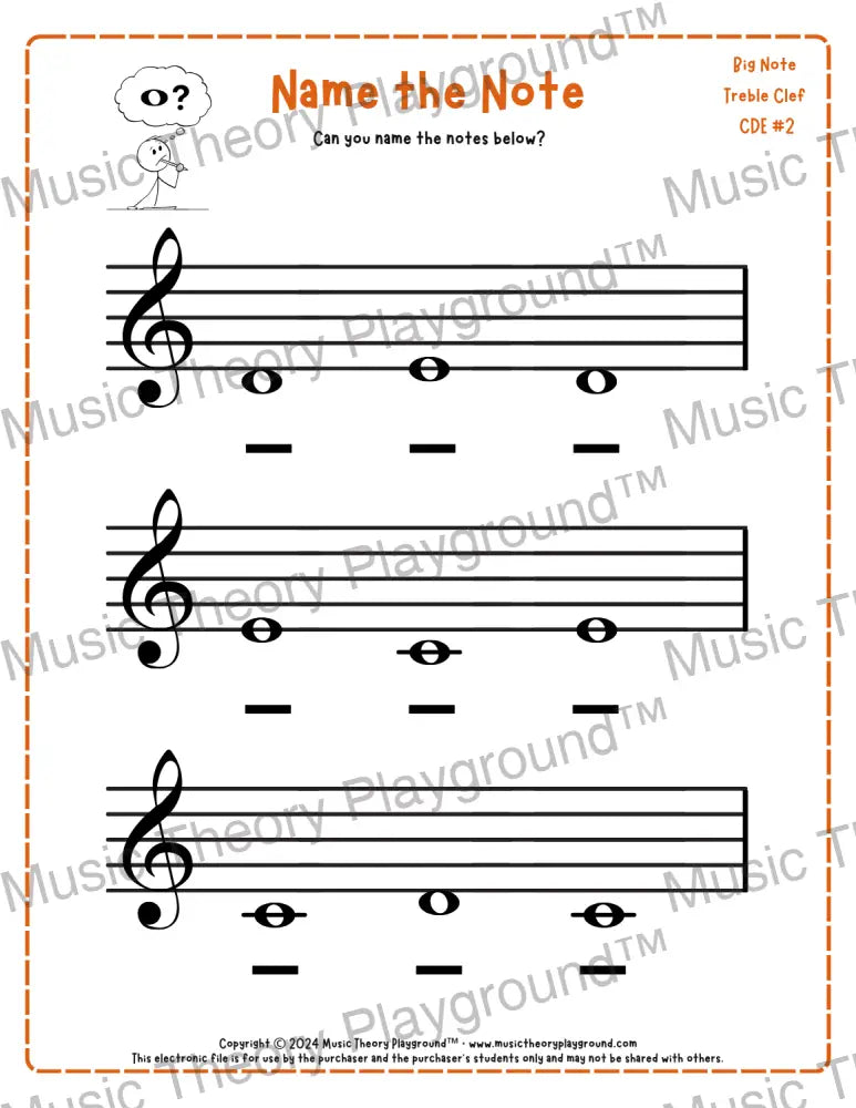 Treble clef note naming music theory worksheet for beginners -  printable PDF