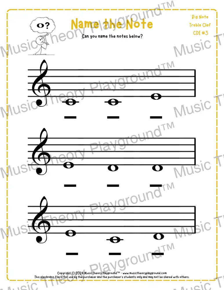 Treble clef note naming music theory worksheet for beginners -  printable PDF