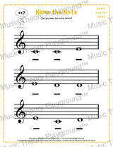 Treble clef note naming music theory worksheet for beginners -  printable PDF