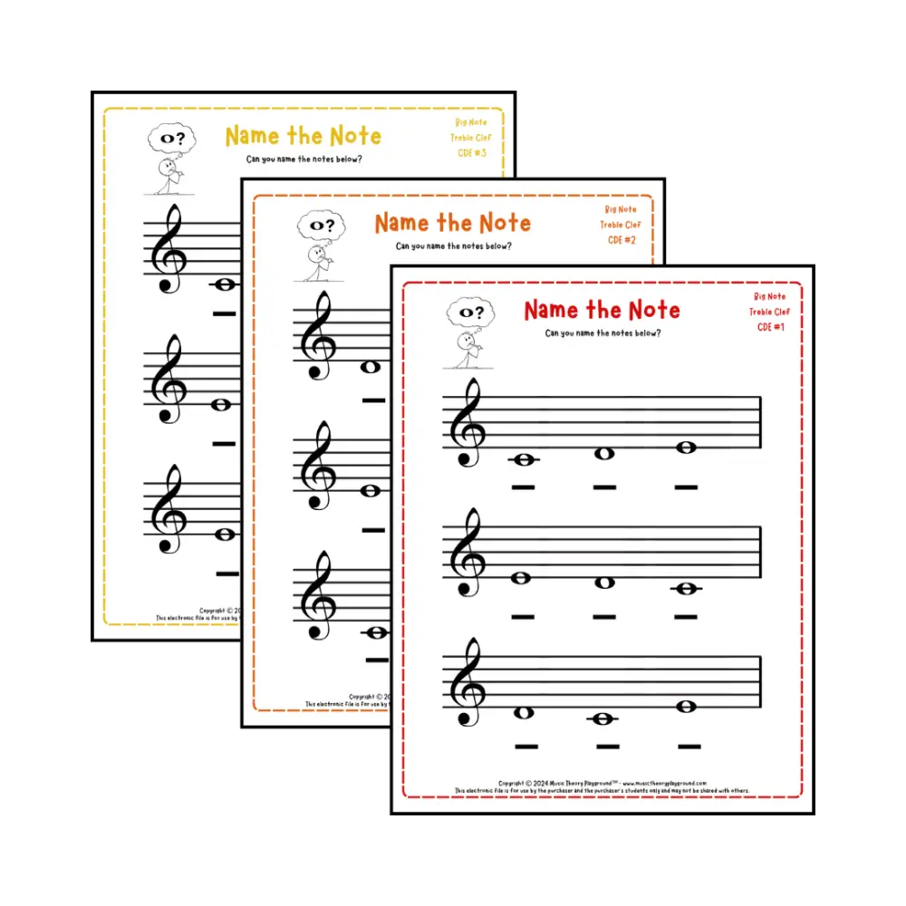 Treble clef note naming music theory worksheets for beginners -  printable PDFs