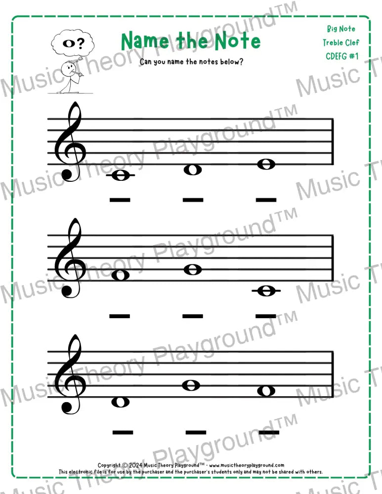 Treble clef note naming music theory worksheet for beginners -  printable PDF