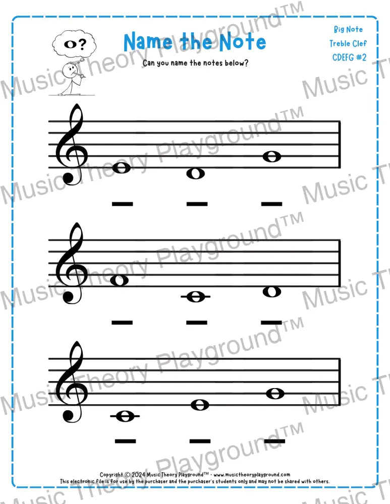Treble clef note naming music theory worksheet for beginners -  printable PDF