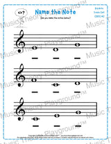 Treble clef note naming music theory worksheet for beginners -  printable PDF