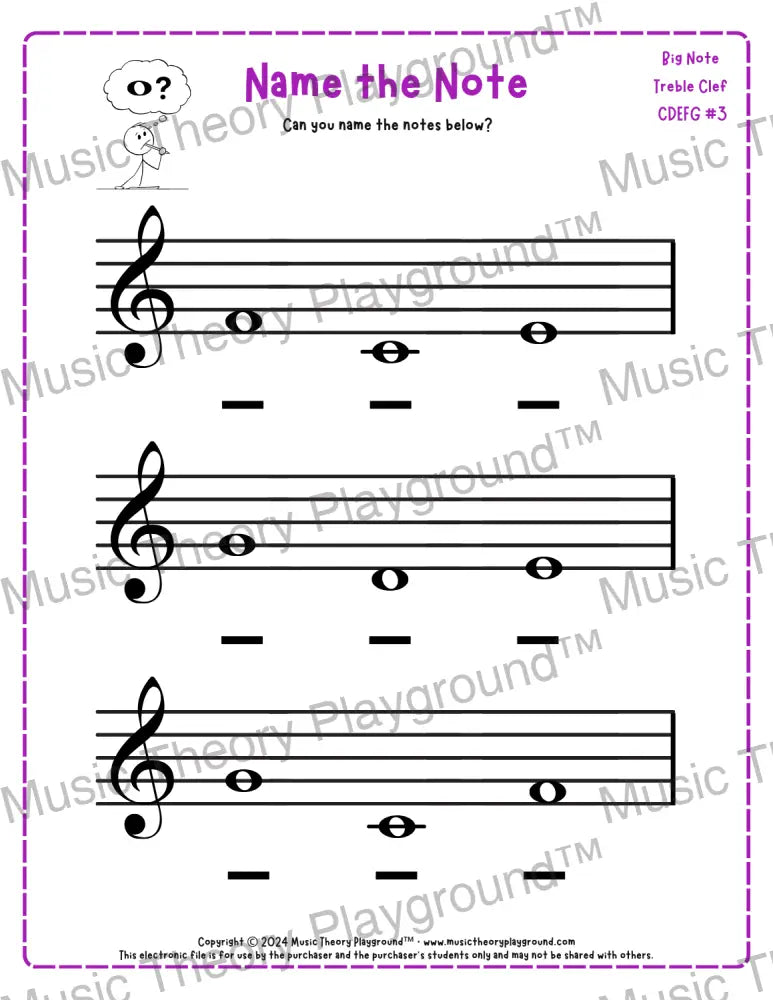 Treble clef note naming music theory worksheet for beginners -  printable PDF