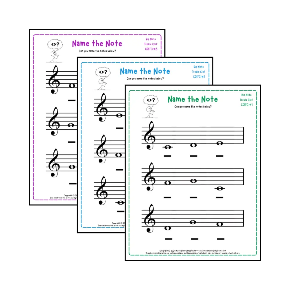 Treble clef note naming music theory worksheets for beginners -  printable PDFs