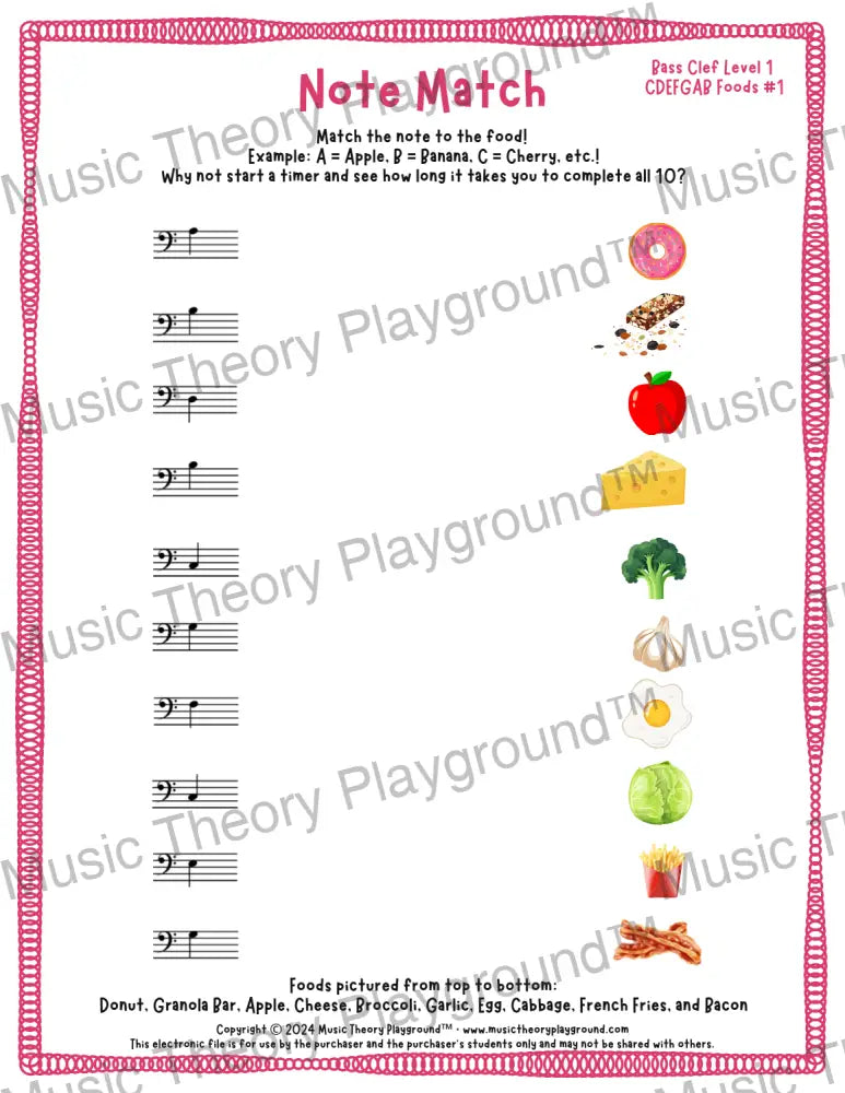 Note Match: Bass Clef Foods 1 / Worksheet + Answer Key Student Worksheet