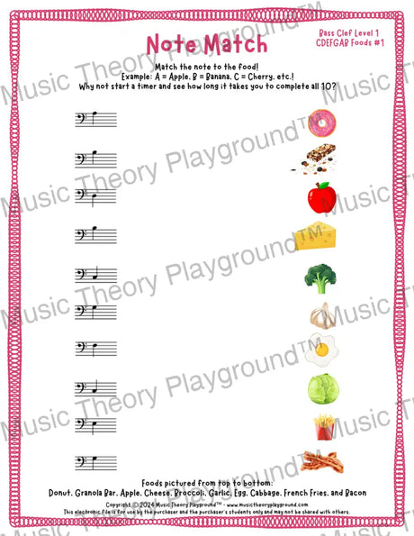 Note Match: Bass Clef Foods 1 / Worksheet + Answer Key Student Worksheet