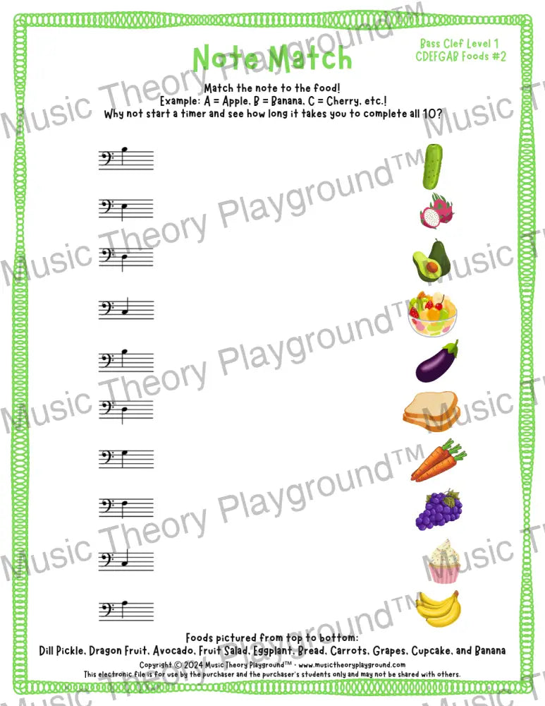 Note Match: Bass Clef Foods 2 / Worksheet + Answer Key Student Worksheet