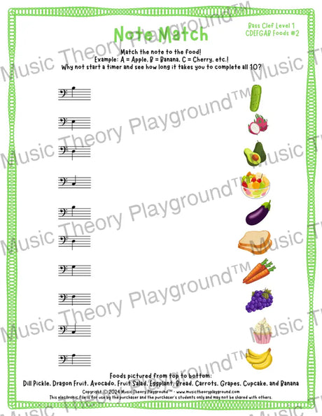 Note Match: Bass Clef Foods 2 / Worksheet + Answer Key Student Worksheet