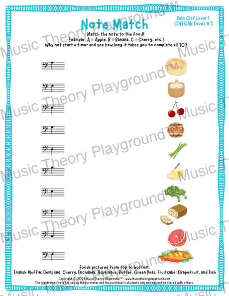 Note Match: Bass Clef Foods 3 / Worksheet + Answer Key Student Worksheet