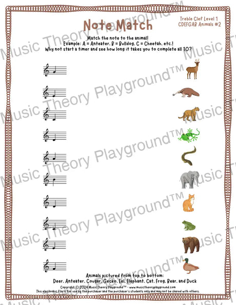 Note Match: Treble Clef Animals 2 / Worksheet + Answer Key Student Worksheet