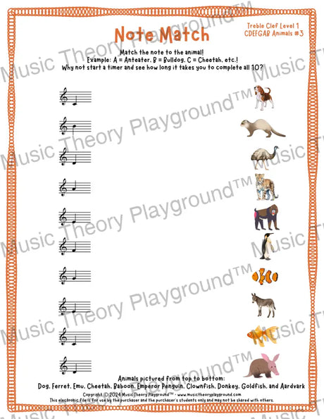 Note Match: Treble Clef Animals 3 / Worksheet + Answer Key Student Worksheet