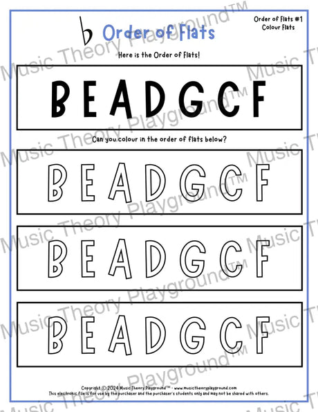 Order of Flats Music theory worksheet -  printable PDF