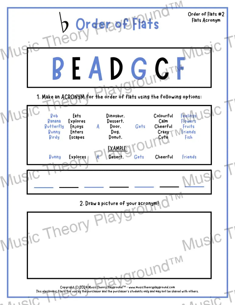 Order of Flats Music theory worksheet -  printable PDF