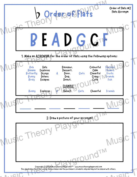 Order of Flats Music theory worksheet -  printable PDF