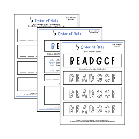 Order of Flats Music theory worksheets -  printable PDFs
