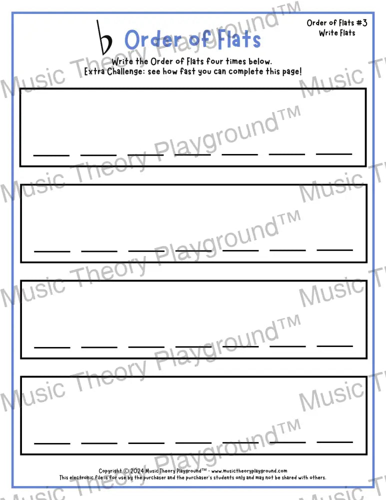 Order of Flats Music theory worksheet -  printable PDF