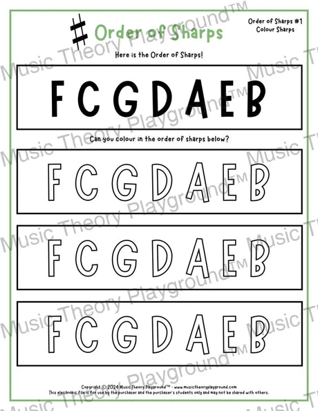 Order of sharps music theory worksheet -  printable PDF