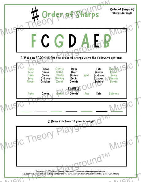 Order of sharps music theory worksheet -  printable PDF