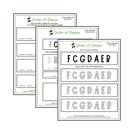 Order of sharps music theory worksheets -  printable PDFs