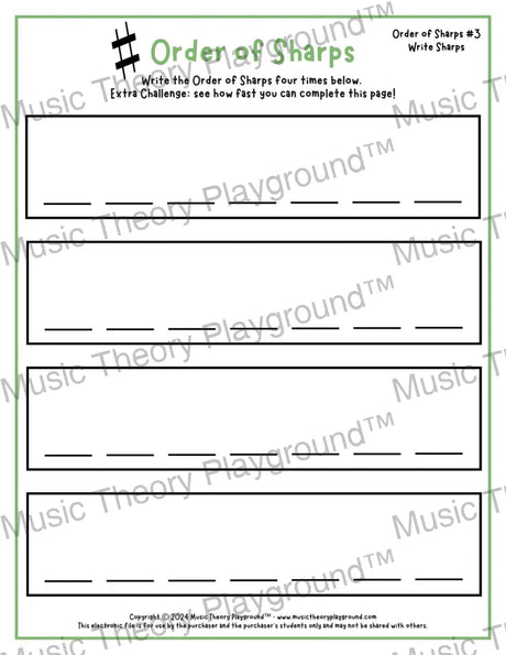 Order of sharps music theory worksheet -  printable PDF