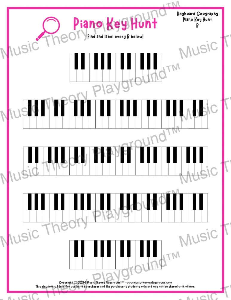 Piano Key Hunt: Single Keys B / Worksheet + Answer Key Student Worksheet
