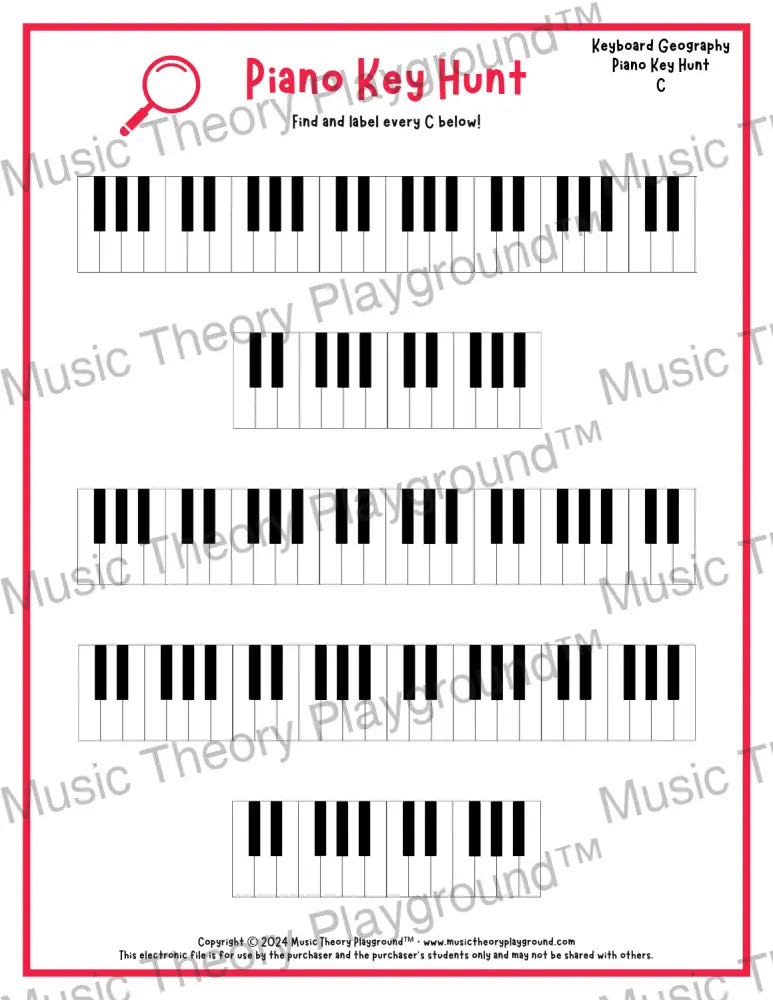 Piano Key Hunt: Single Keys C / Worksheet + Answer Key Student Worksheet