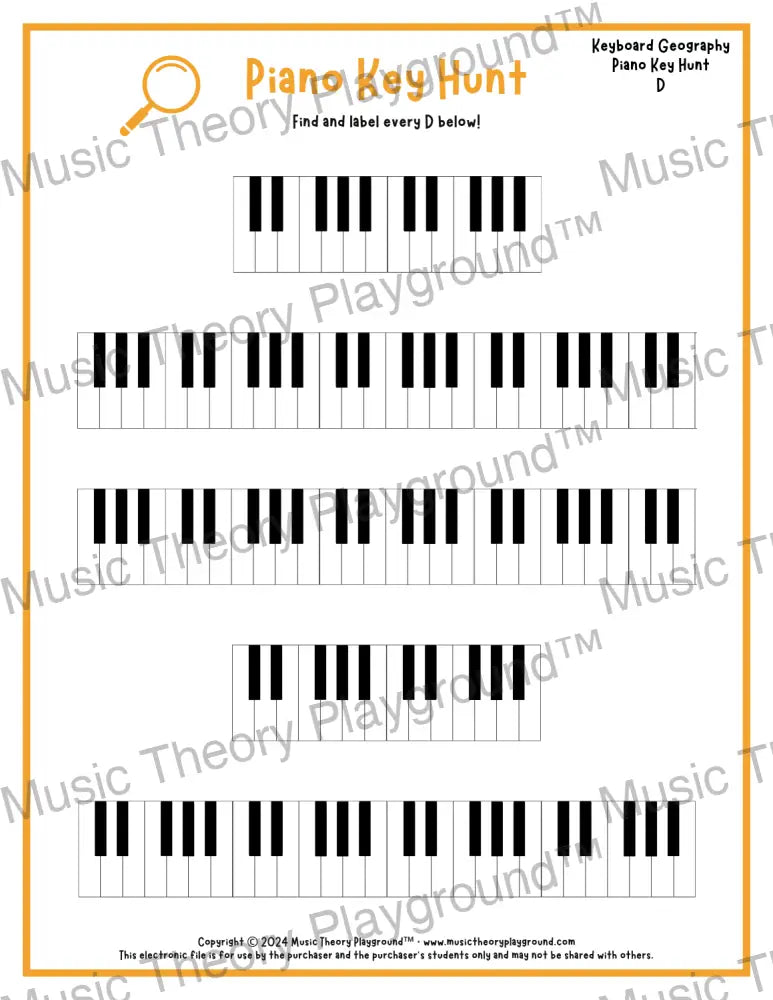 Piano Key Hunt: Single Keys D / Worksheet + Answer Key Student Worksheet