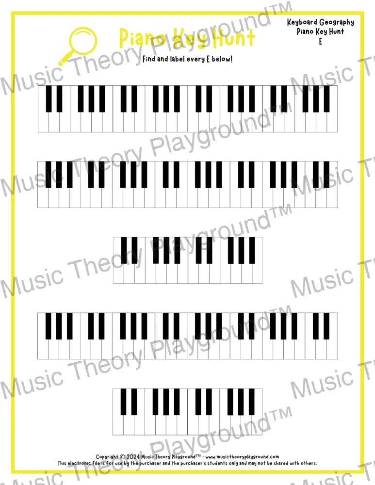Piano Key Hunt: Single Keys E / Worksheet + Answer Key Student Worksheet