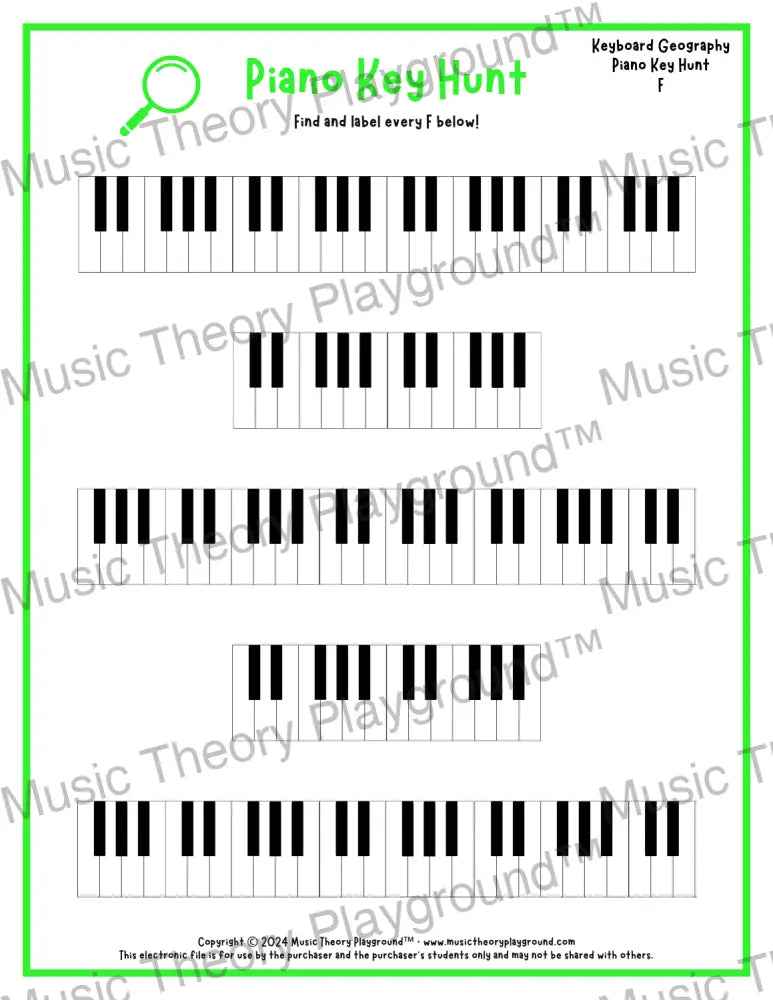 Piano Key Hunt: Single Keys F / Worksheet + Answer Key Student Worksheet