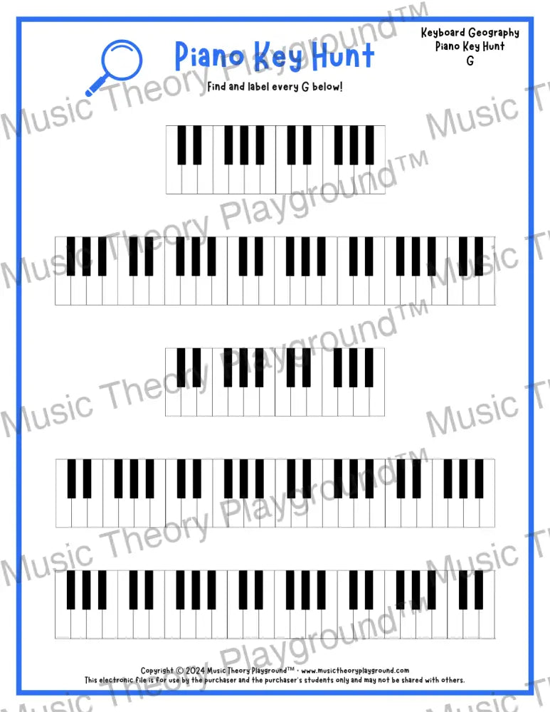 Piano Key Hunt: Single Keys G / Worksheet + Answer Key Student Worksheet