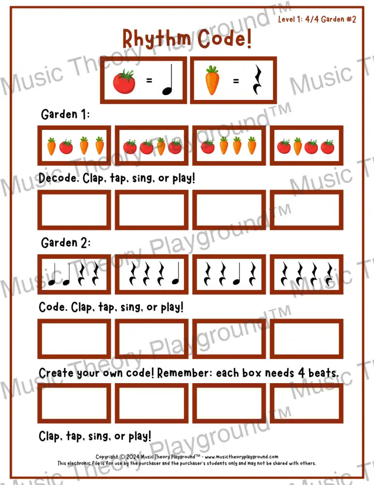Rhythm Code: 4/4 Garden Level 1 2 / Worksheet + Answer Key Student Worksheet