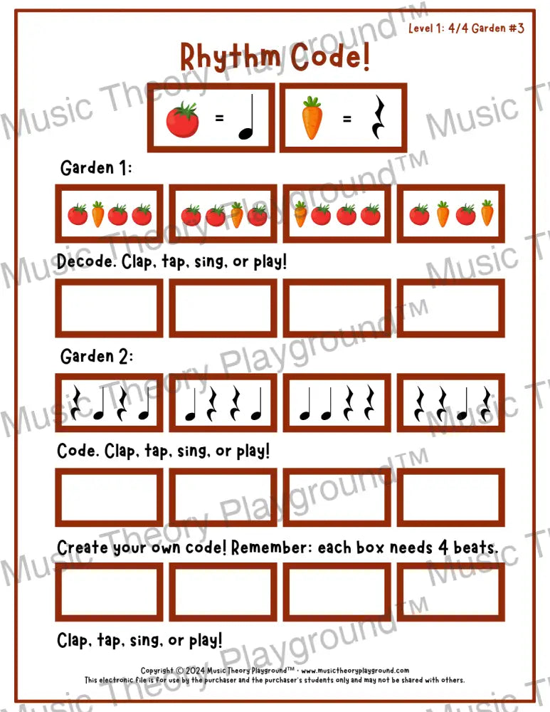Rhythm Code: 4/4 Garden Level 1 3 / Worksheet + Answer Key Student Worksheet