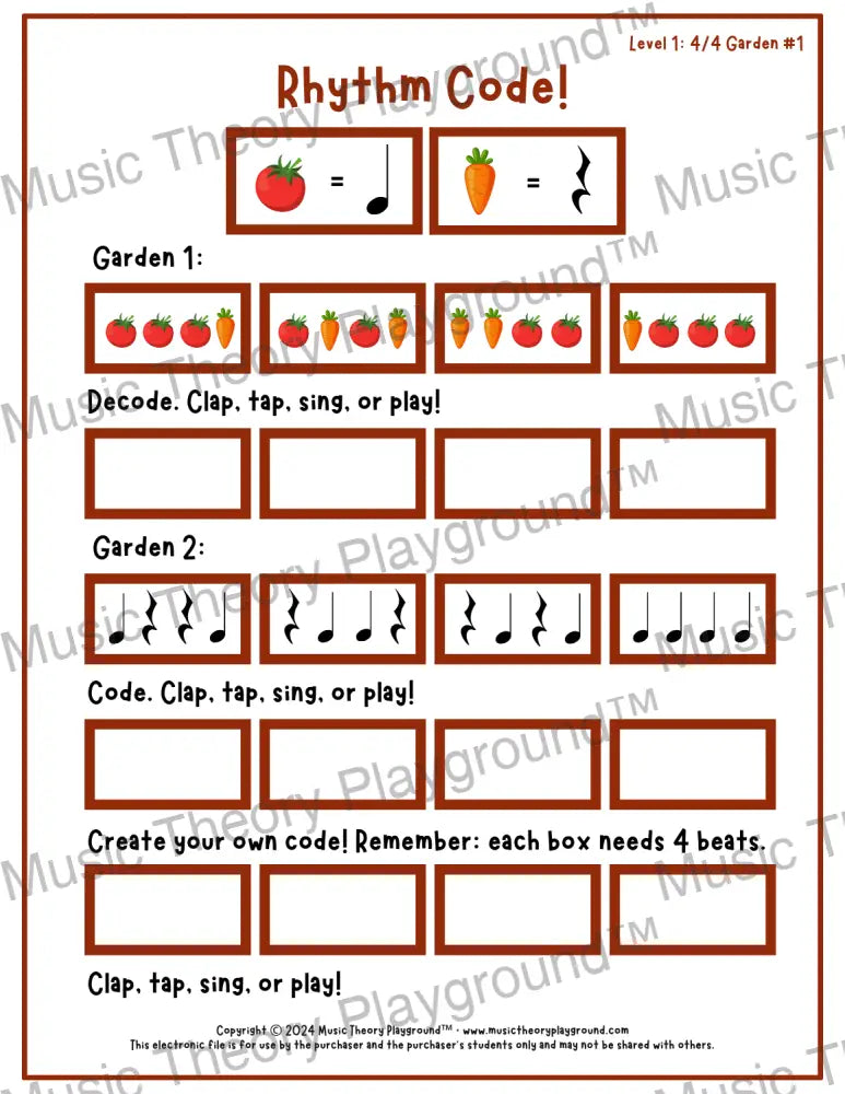 Rhythm Code: 4/4 Garden Level 1 1 / Worksheet + Answer Key Student Worksheet