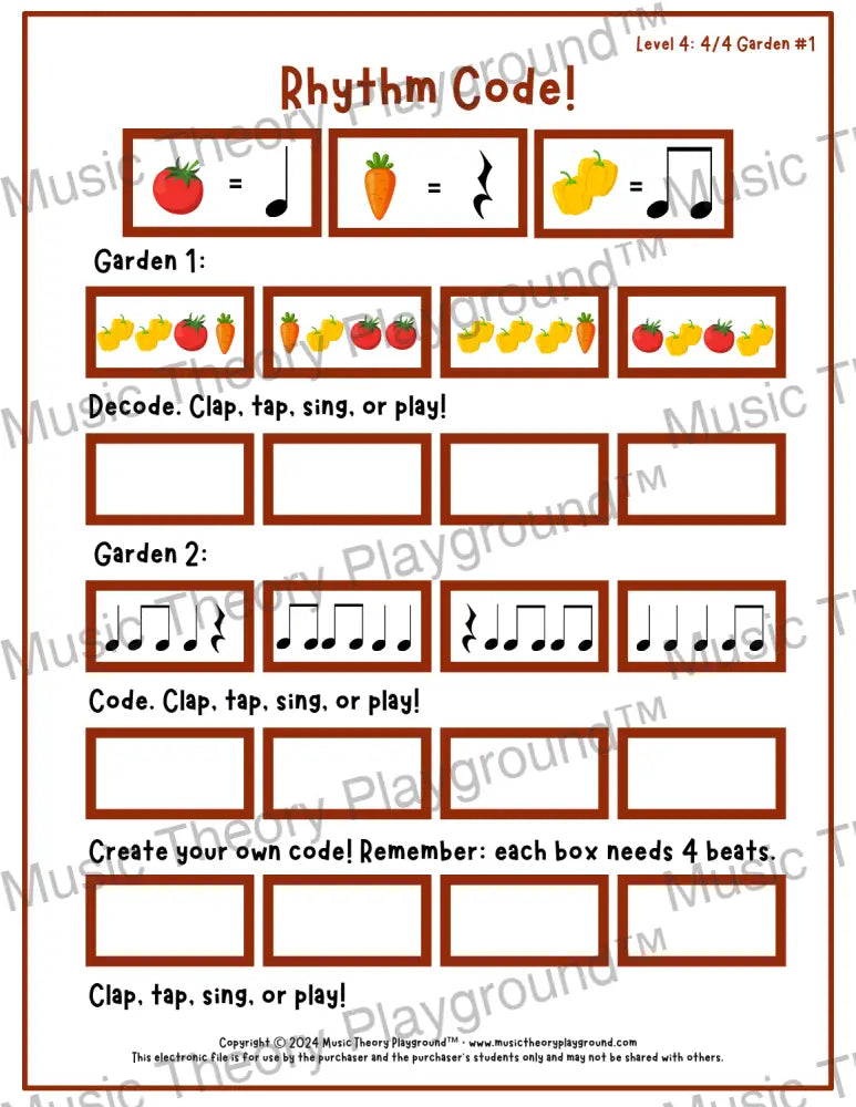 Rhythm Code: 4/4 Garden Level 4 1 / Worksheet + Answer Key Student Worksheet