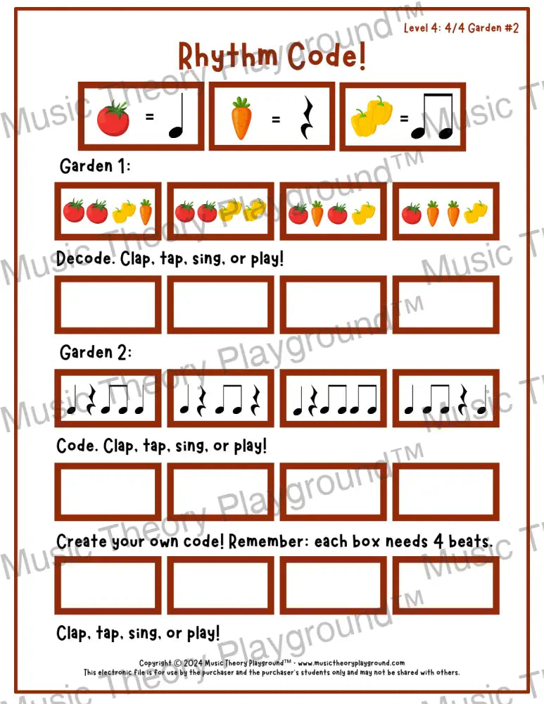 Rhythm Code: 4/4 Garden Level 4 2 / Worksheet + Answer Key Student Worksheet