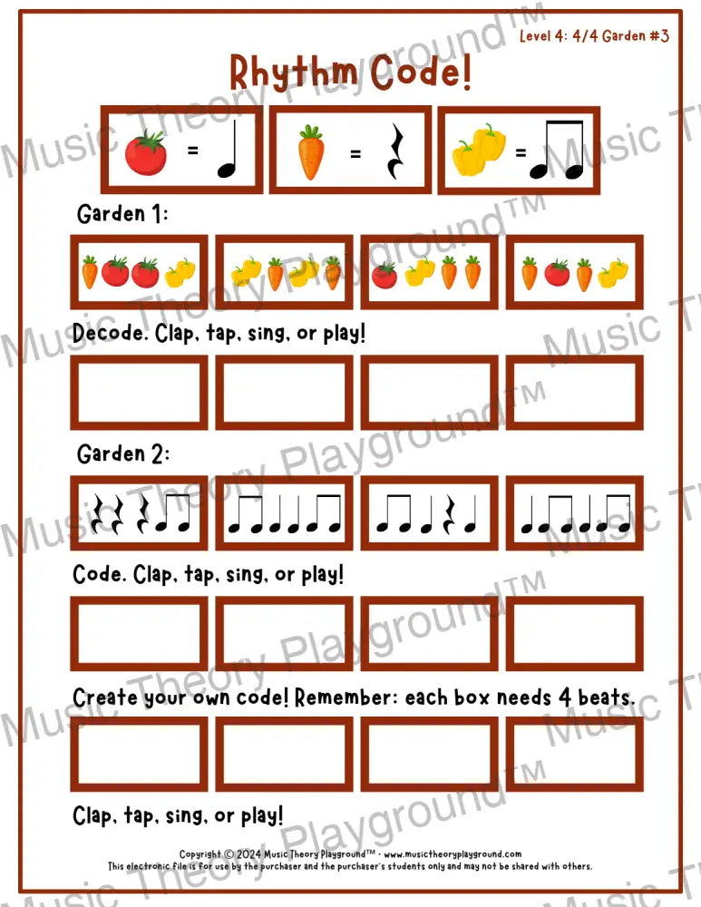 Rhythm Code: 4/4 Garden Level 4 3 / Worksheet + Answer Key Student Worksheet