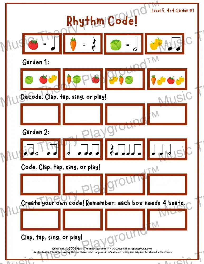 Rhythm Code: 4/4 Garden Level 5 1 / Worksheet + Answer Key Student Worksheet